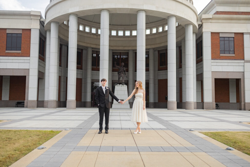 bride and groom at National Infantry Museum on wedding day in Columbus Georgia 